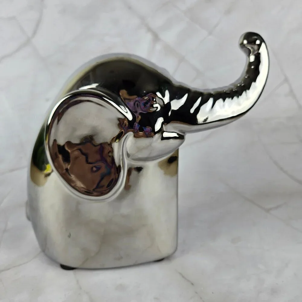 Pier 1 Metallic Silver Glazed Ceramic Elephant Upturned Trunk Good Luck